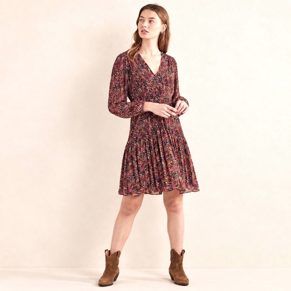 Boden Floral Mini Dress Womens 6R Smocked Waist Long Sleeve Boho Pleated